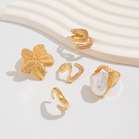 Women Gold Rings Set Pearl Flower Stackable Knuckle Chunky Statement Fashion - Picture 5 of 7